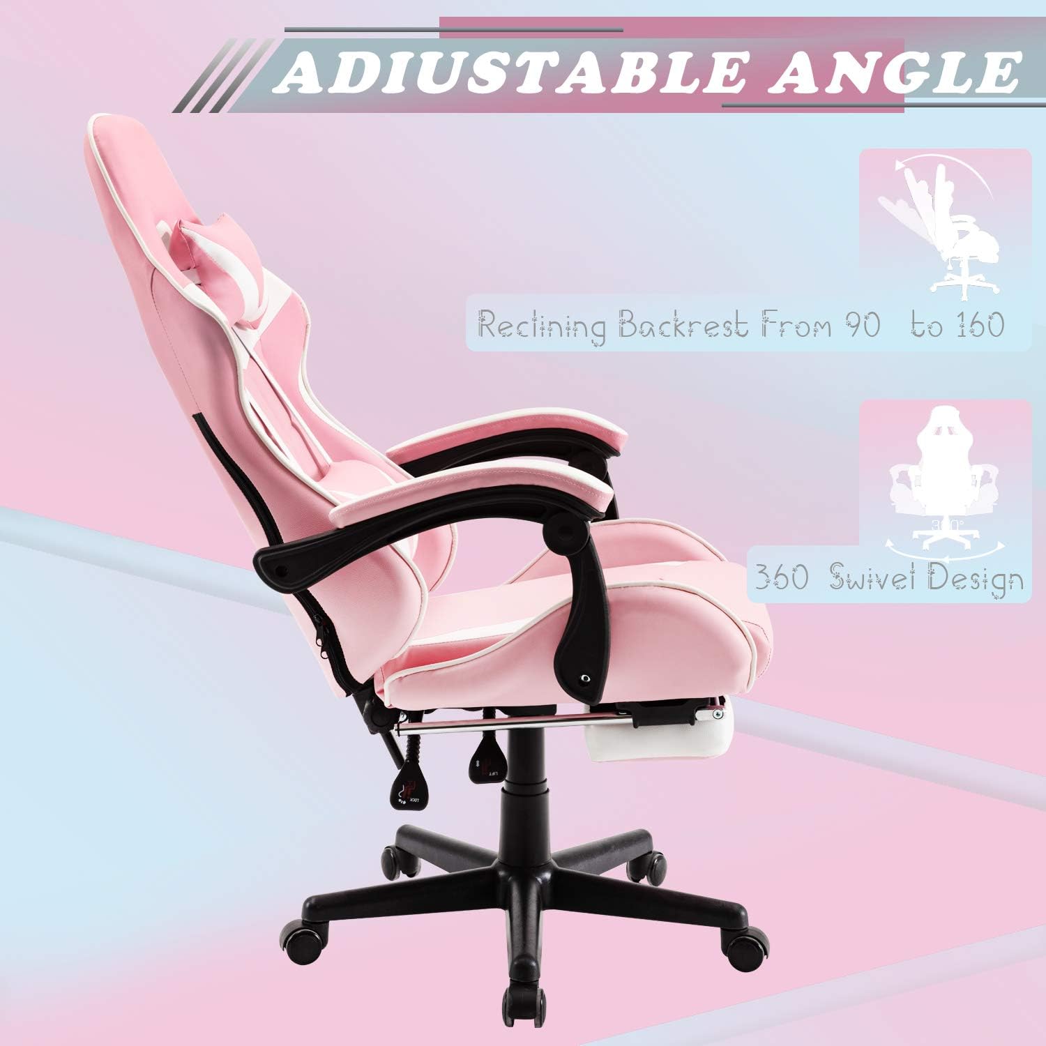 Soontrans Pink Gaming Chairs with Footrest,Ergonomic PC Computer Game Chair,Lovely Home Office Desk Pink Chair with Headrest and Lumbar Support Gamer Chair for Girls