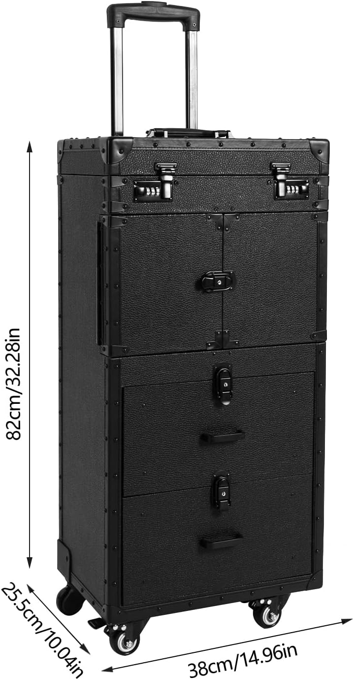 Rolling Lockable Makeup Train Case, Cosmetology Case on Wheels Hairstylist Traveling Bag with Hairdryer Holder, Salon Storage Toolbox with Carry Handle and Trolley (Pure Black)