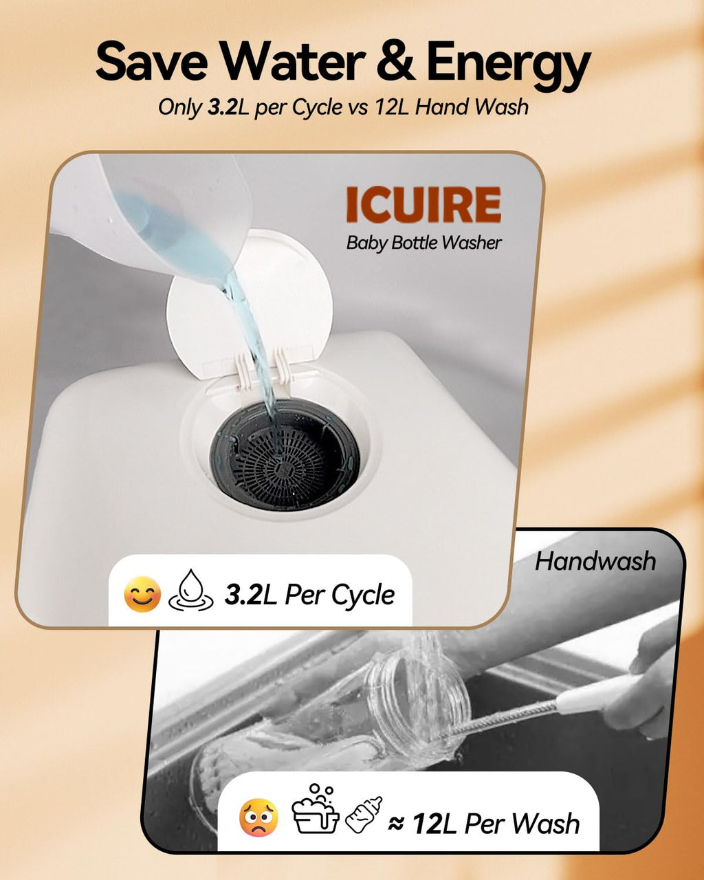ICUIRE Baby Bottle Washer and Sterilizer and Dryer, 131-167°F High Temperature Sterilize for Baby Stuff, 3.2L Water Tank to Clean Bottles, Pump Part &Pacifiers&Bowl, Newborn Parents One-Hand Operation