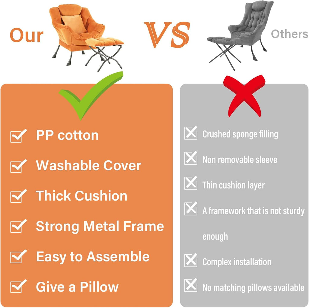 Tangerine Lazy Chair with Ottoman, Large Velvet Accent Chair with a Throw Pillow, Comfy Leisure Sofa Chair for Living Room Bedroom Dorm Room Office Apartment Reading Relaxing Use