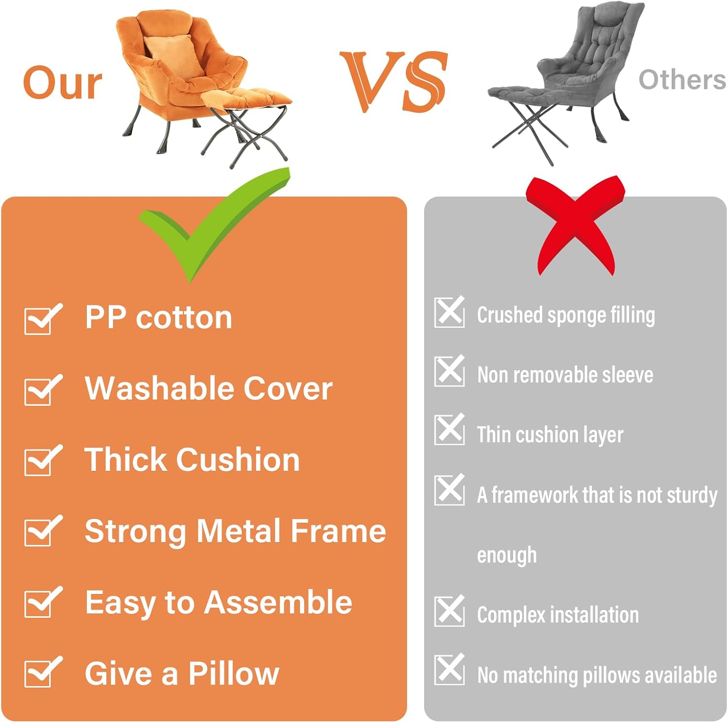 Tangerine Lazy Chair with Ottoman, Large Velvet Accent Chair with a Throw Pillow, Comfy Leisure Sofa Chair for Living Room Bedroom Dorm Room Office Apartment Reading Relaxing Use
