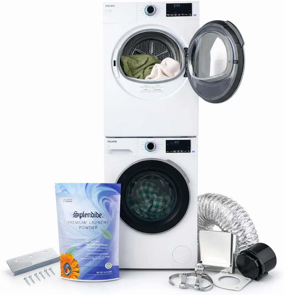 Splendide DV1725X & WFL2500X Replaces WFL1300XD Washer & DV6500X Dryer Stacked Bundle with Vent Kit & SK04 Stack Kit Included + Starter Laundry Powder - Updated Design- Freight Delivery