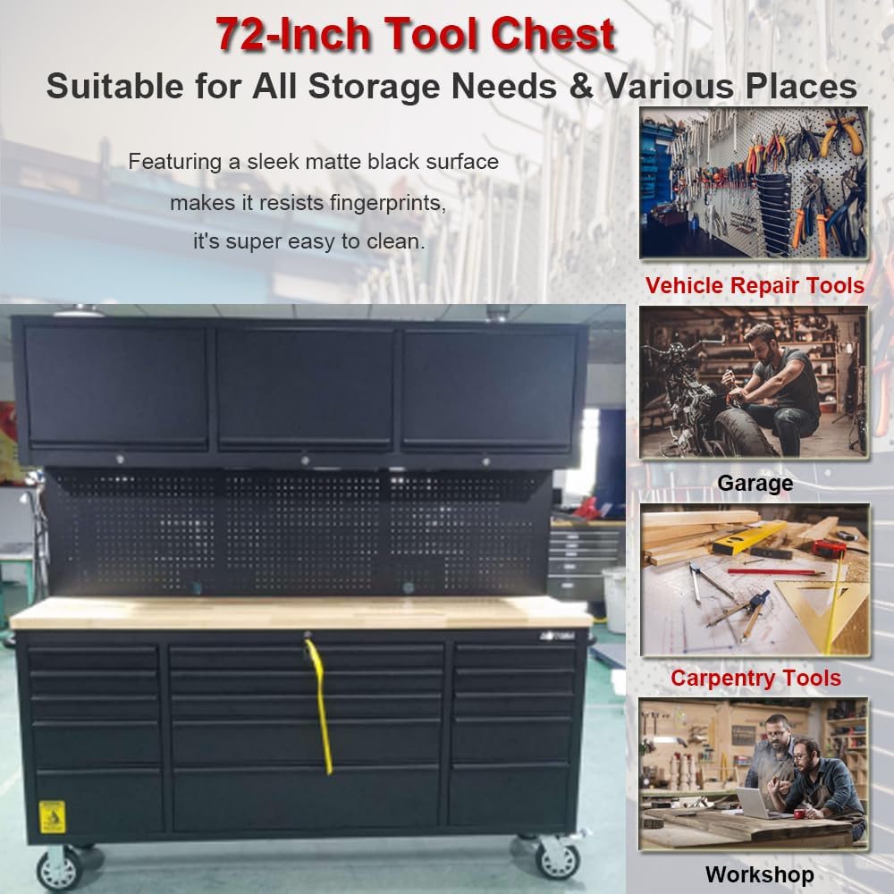 2 Pack - 72' Rolling Tool Chest with 15 Drawers + 3 Upper Cabinets, Mobile Workbench, Assembled Large Tool Box Lockable Storage Cabinet with Wheels (1 × HTC7218PC + 1 × HTC7215PC-1)