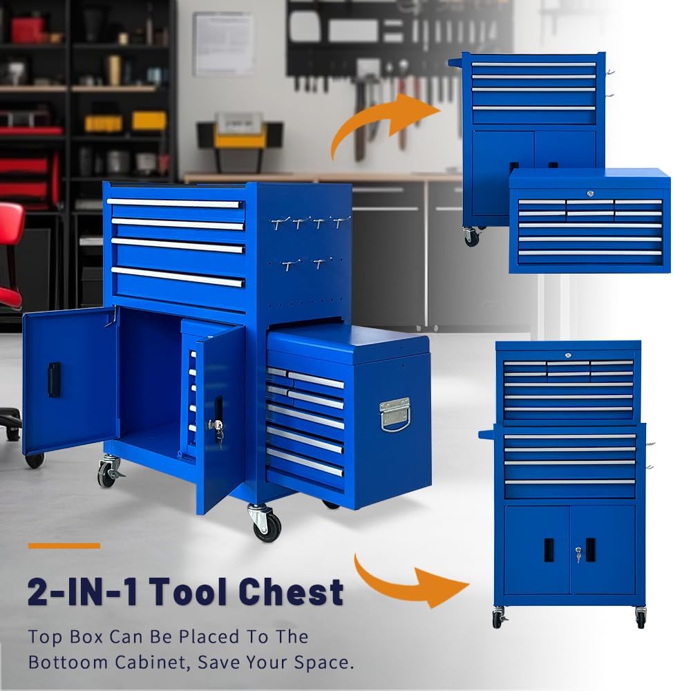 13-Drawer Rolling Tool Chest with Double Doors, 2 in 1 Detachable Rolling Tool Chest Combo, Mobile Tool Cabinet with Drawers, Metal Large Lockable Tool Box for Garage Workshop (Blue)