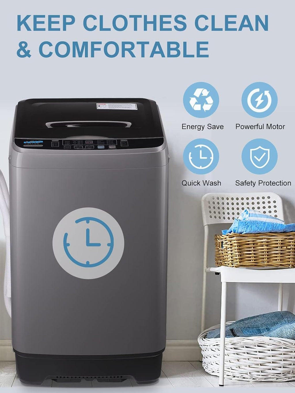 Full-Automatic Washing Machine 17.7 lbs Small Compact Portable 10 Wash Program & 8 Water Level Compact Washer with LED Display Ideal for Apartments, RV, Camping, Grey