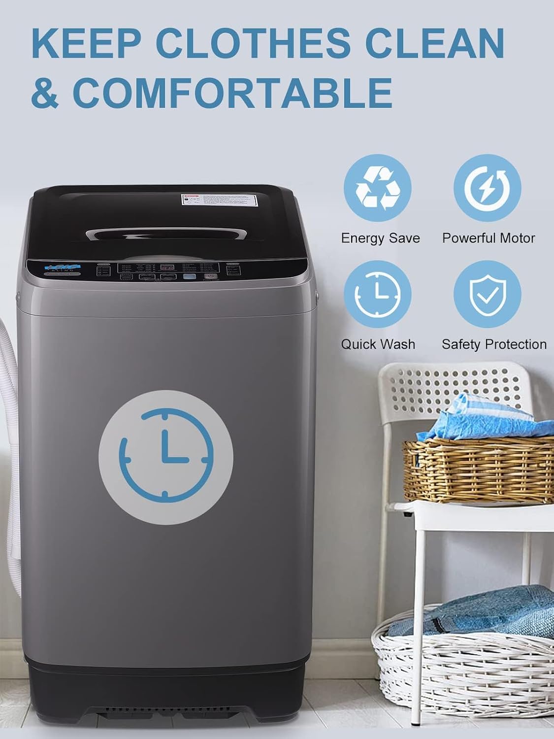 Full-Automatic Washing Machine 17.7 lbs Small Compact Portable 10 Wash Program & 8 Water Level Compact Washer with LED Display Ideal for Apartments, RV, Camping, Grey