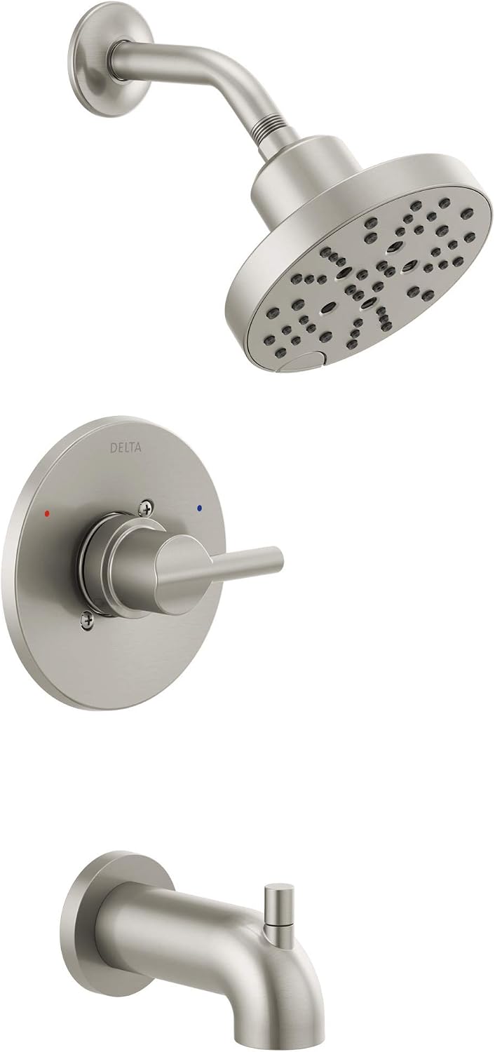 Delta Nicoli 14 Series H2Okinetic Bathtub and Shower Faucet Set, Brushed Nickel Shower Head and Handle Set, Valve Trim Kit, Stainless 144749-SS (Valve Included)