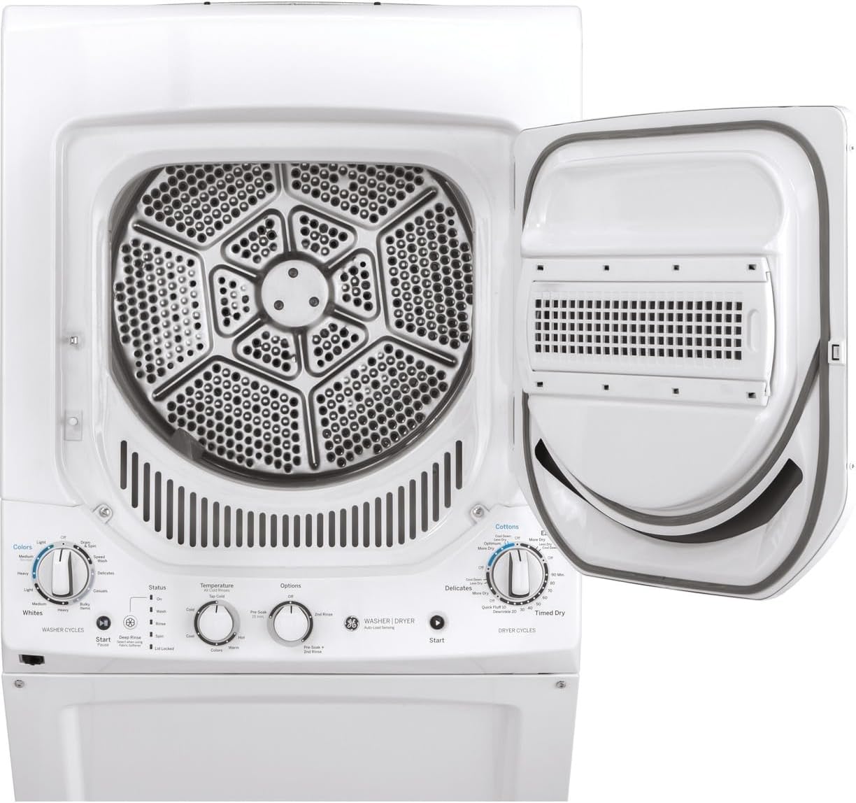GE Unitized Spacemaker® 2.3 Cu. Ft. Washer and 4.4 Cu. Ft. Electric Dryer Laundry Center, 24-Inch, White – GUD24ESSMWW
