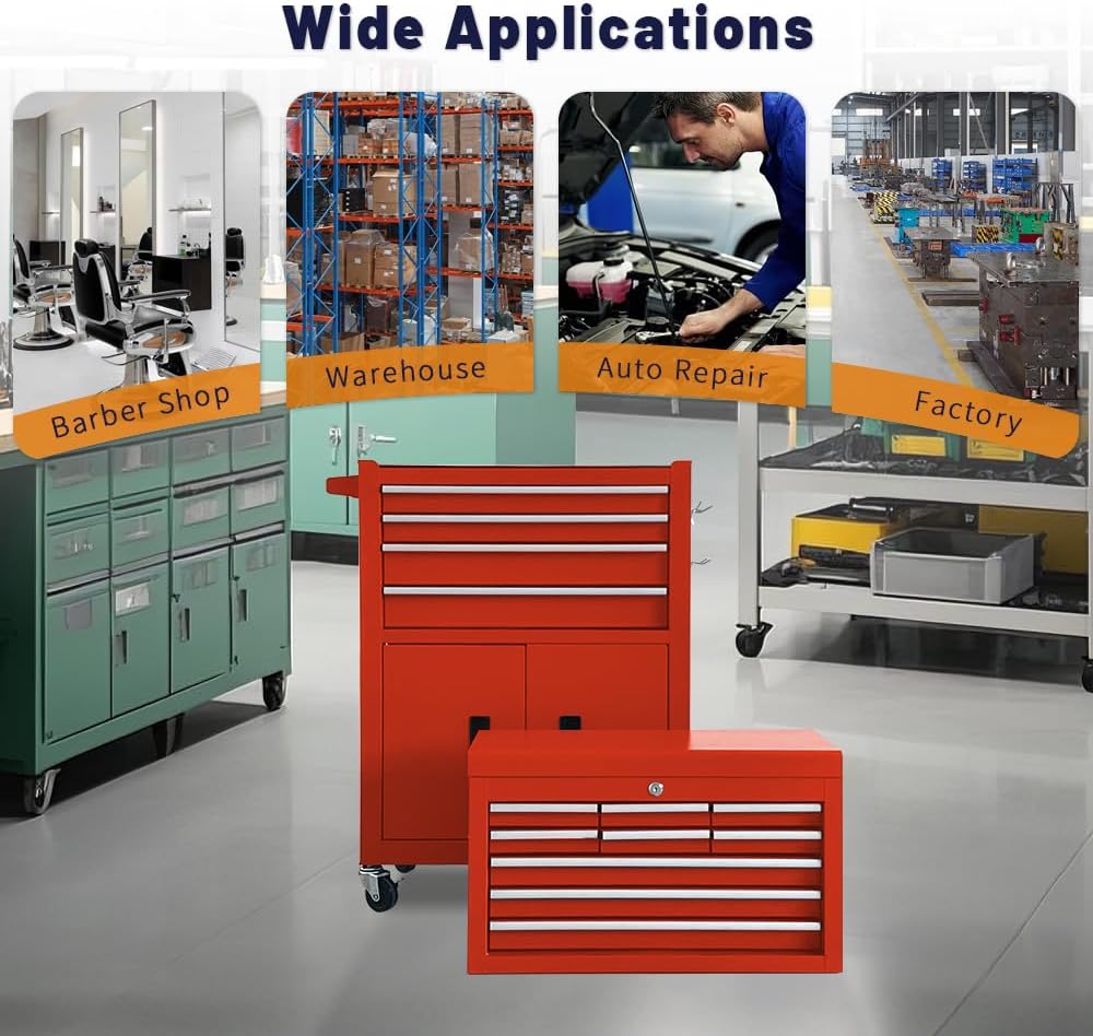13-Drawer Rolling Tool Chest with Double Doors, 2 in 1 Detachable Rolling Tool Chest with Drawers, Metal Large Lockable Tool Box，Mobile Tool Cabinet Combo for Garage Workshop (Red)