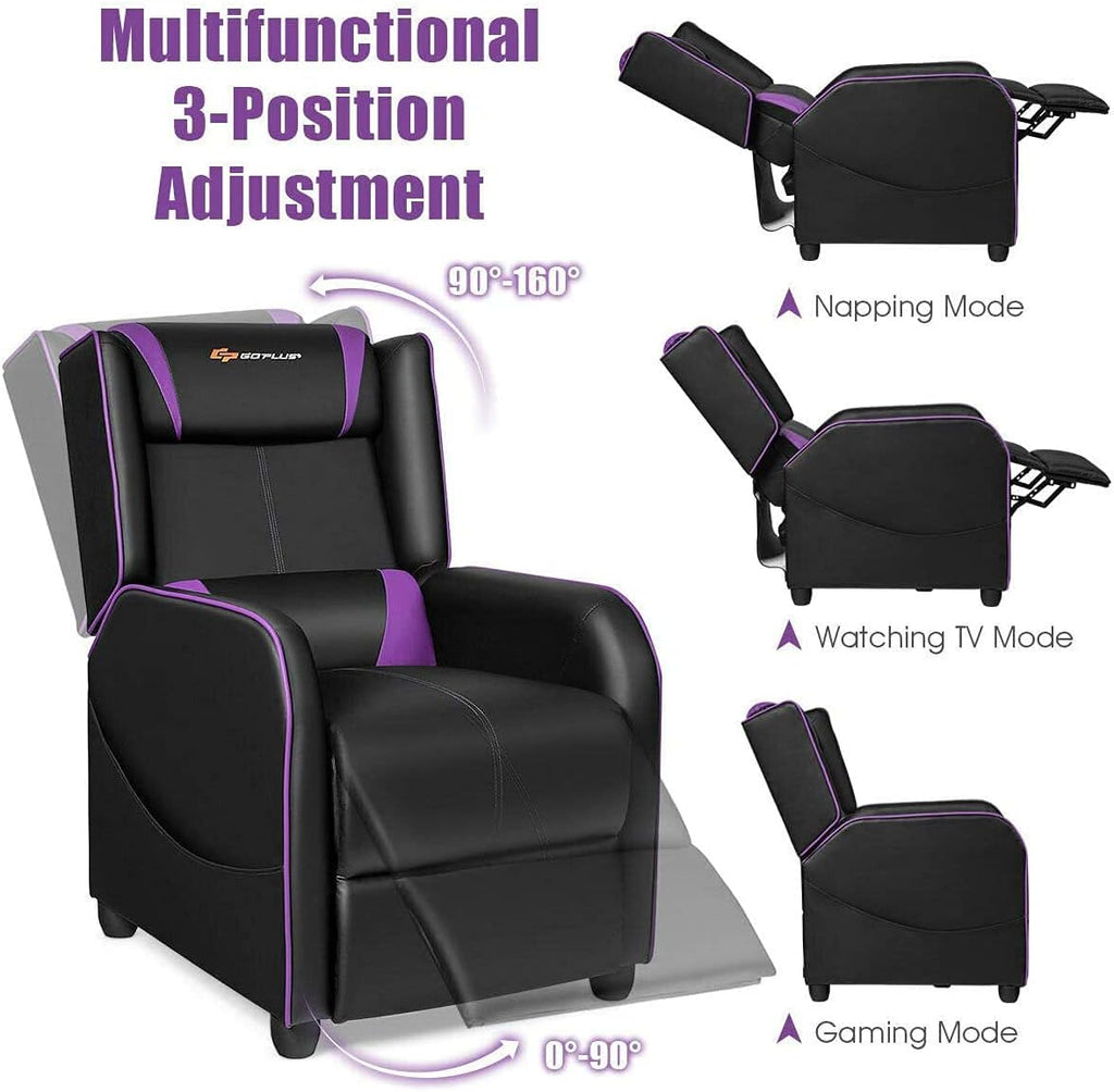 LDAILY Massage Recliner Chair, Racing Style Gaming Chair w/Massage Lumbar Cushion, Footrest & Headrest, Ergonomic PU Leather Single Recliner Sofa for Living Room Home Office (Purple)
