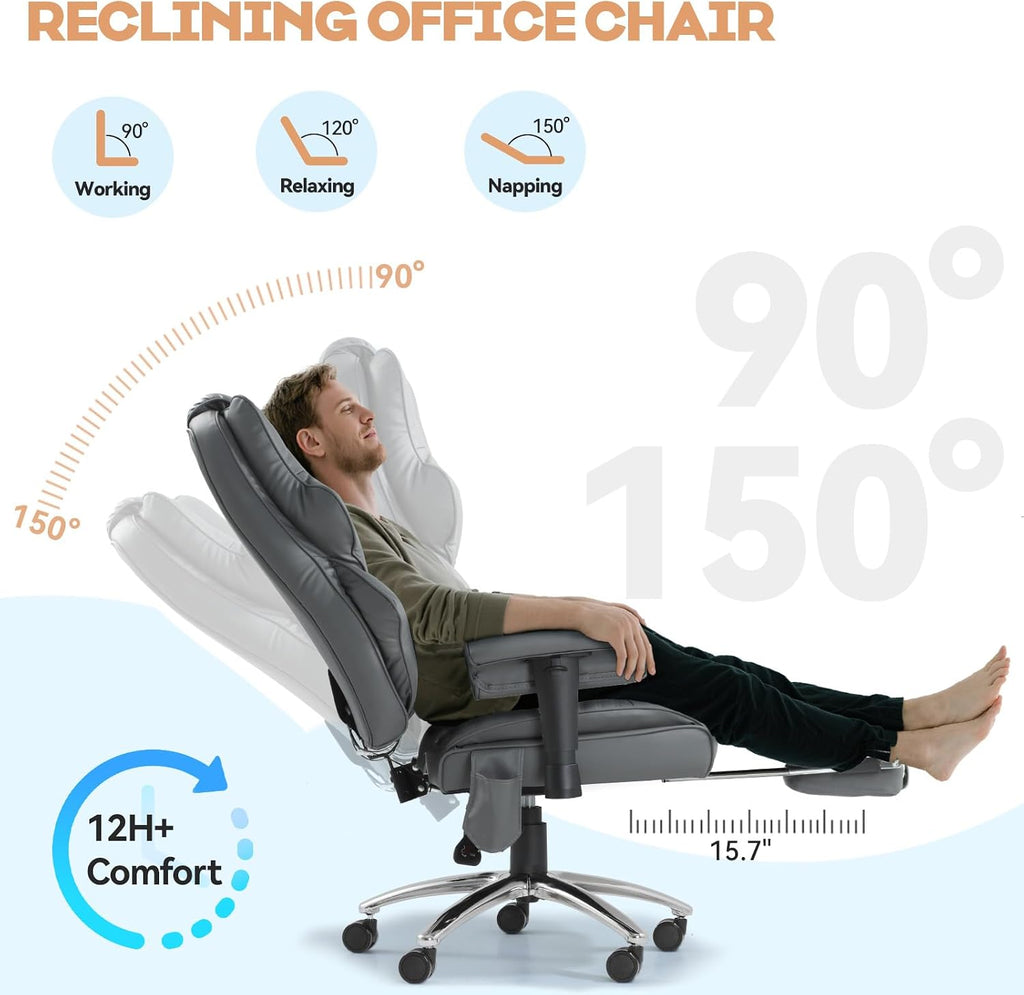 Massage Office Chair with Foot Rest, Ergonomic Executive Heated Office Chair with Reclining Backrest, Adjustable Arms and Lumbar Support, High Back Leather Desk Chairs for Home Office, Gray
