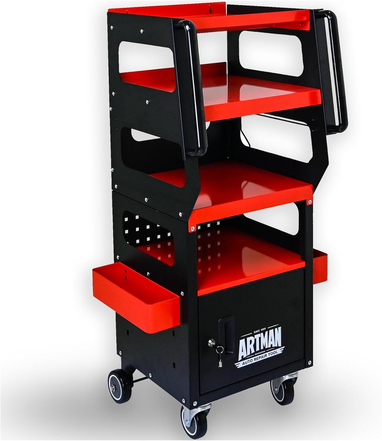 4-Level Multi-Purpose Trolley,Tool Cart on Wheels With Cabinet, Tool Chest Organizer, Diagnostic Trolley with 360°Locking Casters for Mechanics, Garage, Workshop. Service utility cart