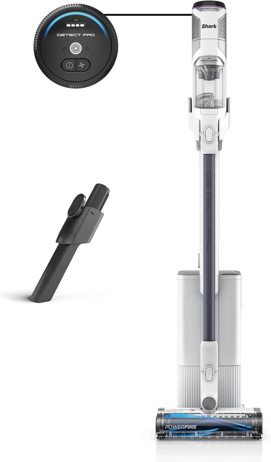 SHARK IW3525Q Detect Pro Auto-Empty System - Lightweight Cordless Stick Vacuum for Pet Hair with HEPA Filter, Odor Neutralizer, Portable Handheld, Charging Dock, Tools (Renewed) (White + Silver)
