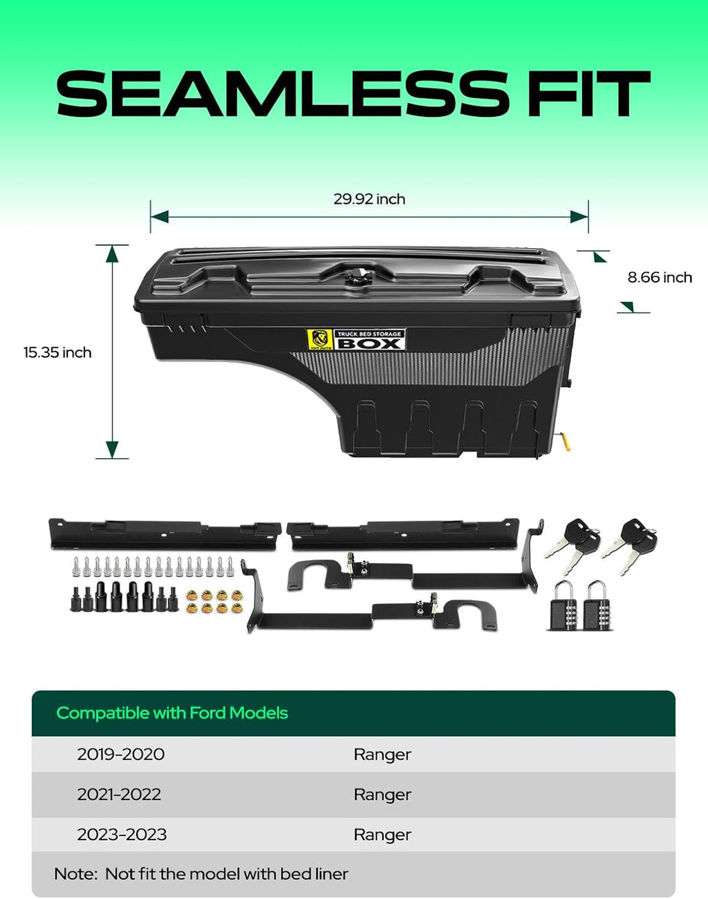 YHTAUTO Set of 2 Truck Bed Storage Tool Box Lockable Compatible with Ford Ranger 2019-2023, Driver and Passenger Side, Not Fit the Model with Bed Liner, Swing Waterproof Wheel Well Toolbox