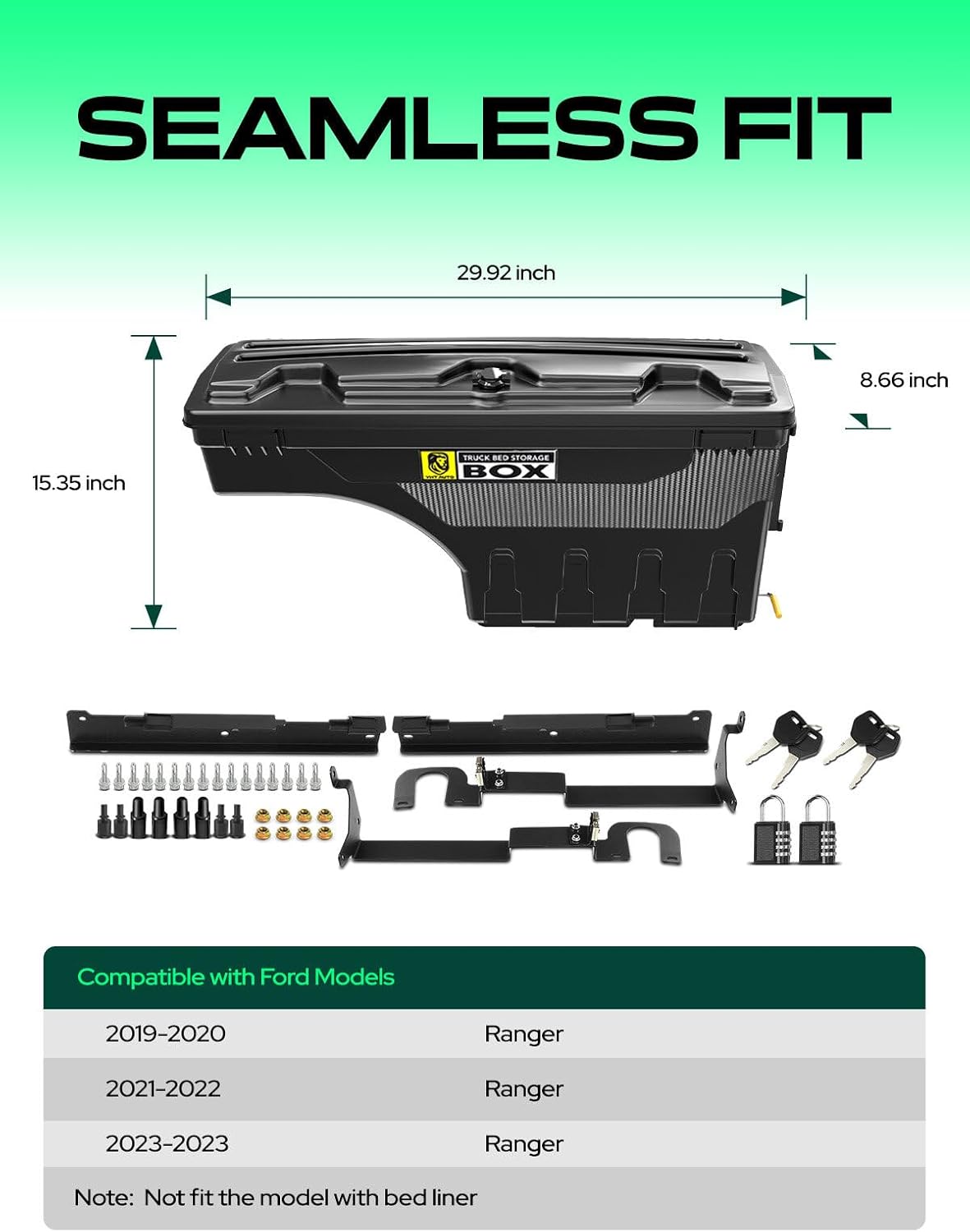 YHTAUTO Set of 2 Truck Bed Storage Tool Box Lockable Compatible with Ford Ranger 2019-2023, Driver and Passenger Side, Not Fit the Model with Bed Liner, Swing Waterproof Wheel Well Toolbox