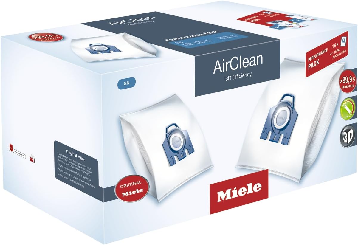 Miele Genuine GN HyClean Air Vacuum Cleaner Bags for Miele Complete C2 & Complete C3 Vacuum Cleaners, Performance Pack of 16 Vacuum Bags and 1 HEPA Filter