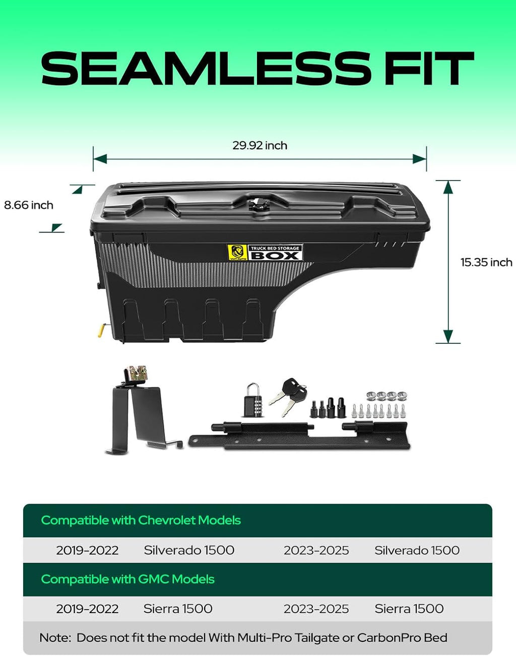 YHTAUTO Driver Side Truck Bed Storage Tool Box Lockable Fits 2019-2025 Chevrolet Silverado 1500 & GMC Sierra 1500, W/O Multi-Pro Tailgate or CarbonPro Bed, Swing Waterproof Wheel Well Toolbox