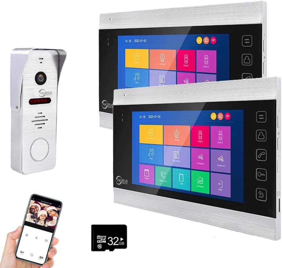 WiFi Video Intercom System with 1080P 160°Wide HD Camera 7 lnch Wired Screen Monitor with Night Vision Motion Detect for Vally Apartment,Tuya (one doorbell,Two Monitor)