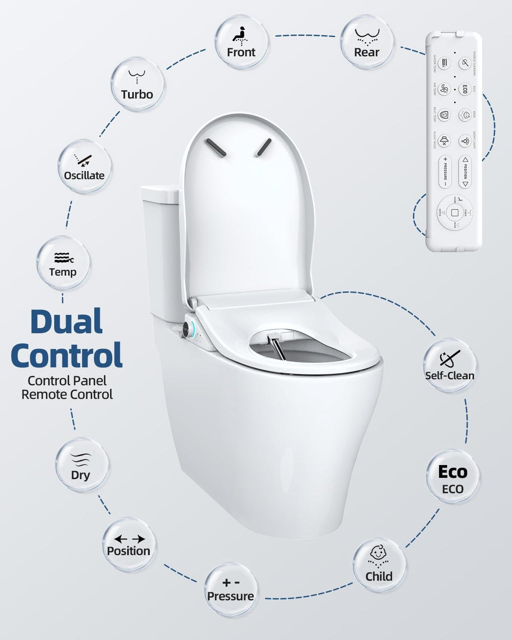 Electric Bidet Toilet Seat, Heated Toilet Seat Elongated with Instant Warm Water & Dryer, Feminine & Front Rear Wash, Wireless Remote, Self-Clean Nozzle, Slow Close Lid, Upgraded Silent ECO Child Mode