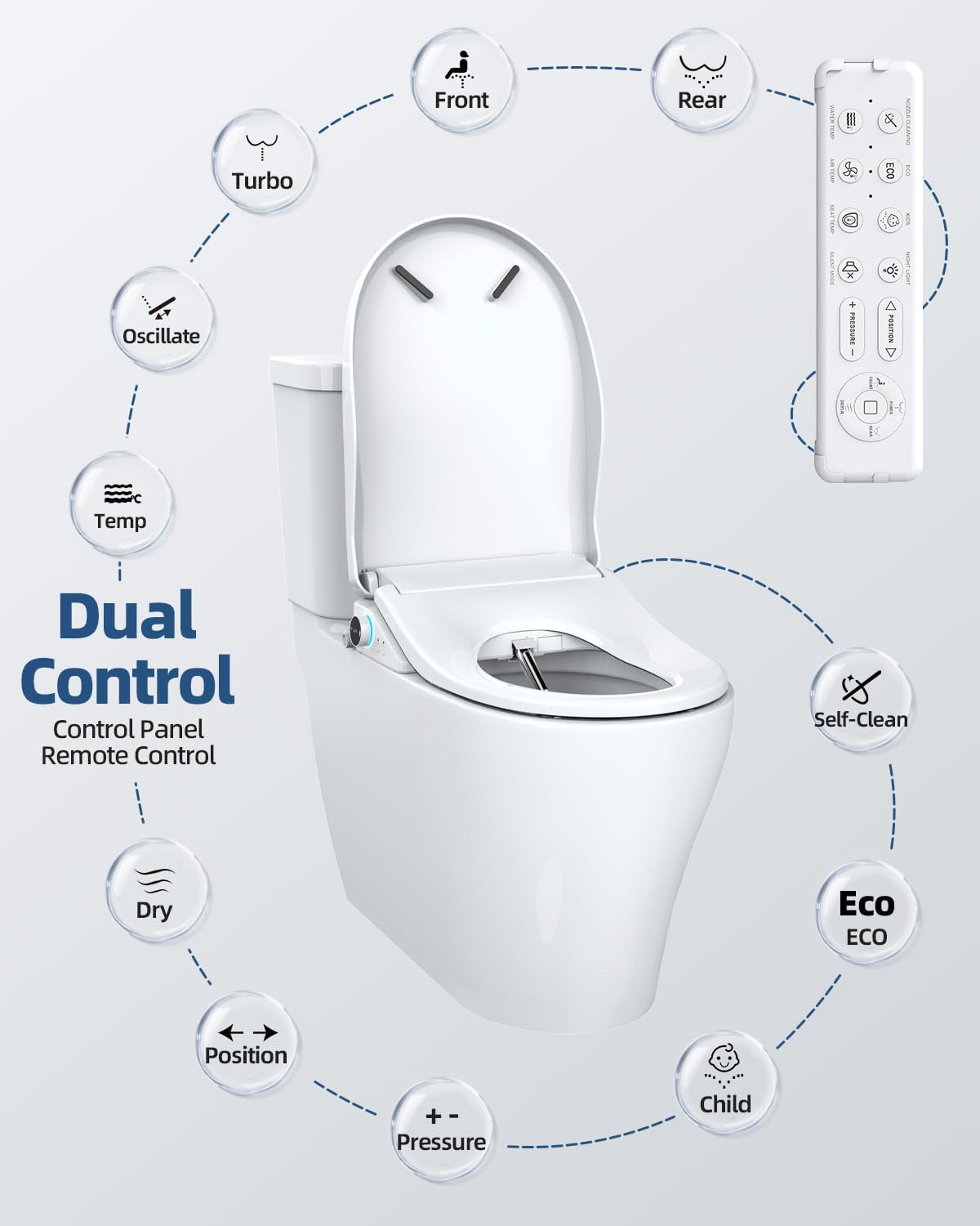 Electric Bidet Toilet Seat, Heated Toilet Seat Elongated with Instant Warm Water & Dryer, Feminine & Front Rear Wash, Wireless Remote, Self-Clean Nozzle, Slow Close Lid, Upgraded Silent ECO Child Mode