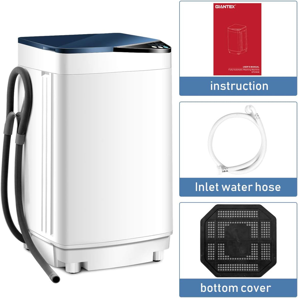 Giantex Full-Automatic Washing Machine Portable Washer and Spin Dryer 7.7 lbs Capacity Compact Laundry Washer with Built-in Barrel Light Drain Pump and Long Hose for Apartments Camping (White & Blue)