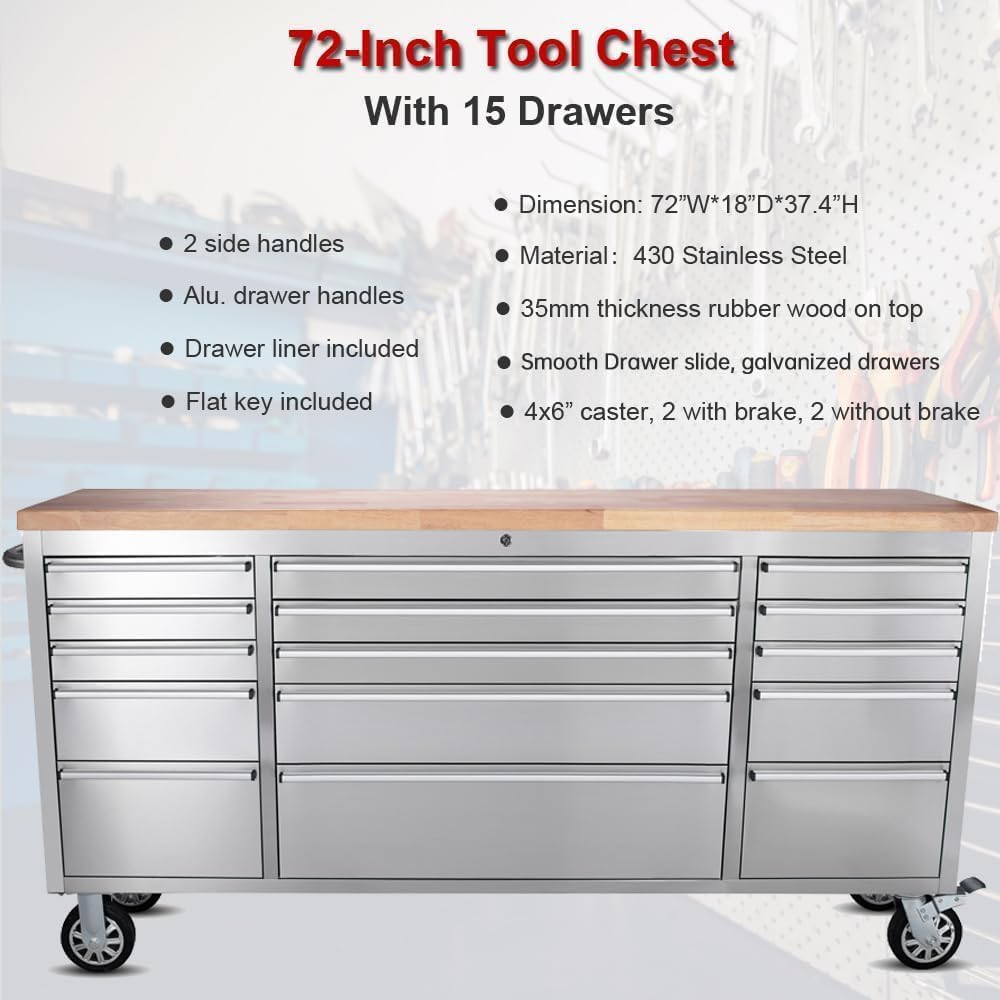 AnorTrek 72 inch Tool Chest with 15 Drawers for Garage, Workbench and Repair Store, Tool Cabinet in Stainless Steel (72 inch - Stainless Steel)