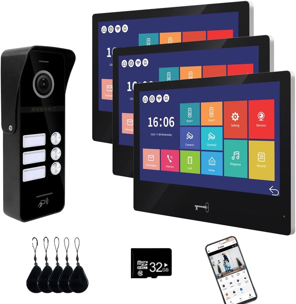 Wired Video Doorbell Apartment Intercom System 3 Units 10 Inches Touch Monitor Wireless WiFi 1080P Camera Phone Kit,Support Monitoring,Unlock for Home Villa (1 Black doorbell+3 Black Monitor)