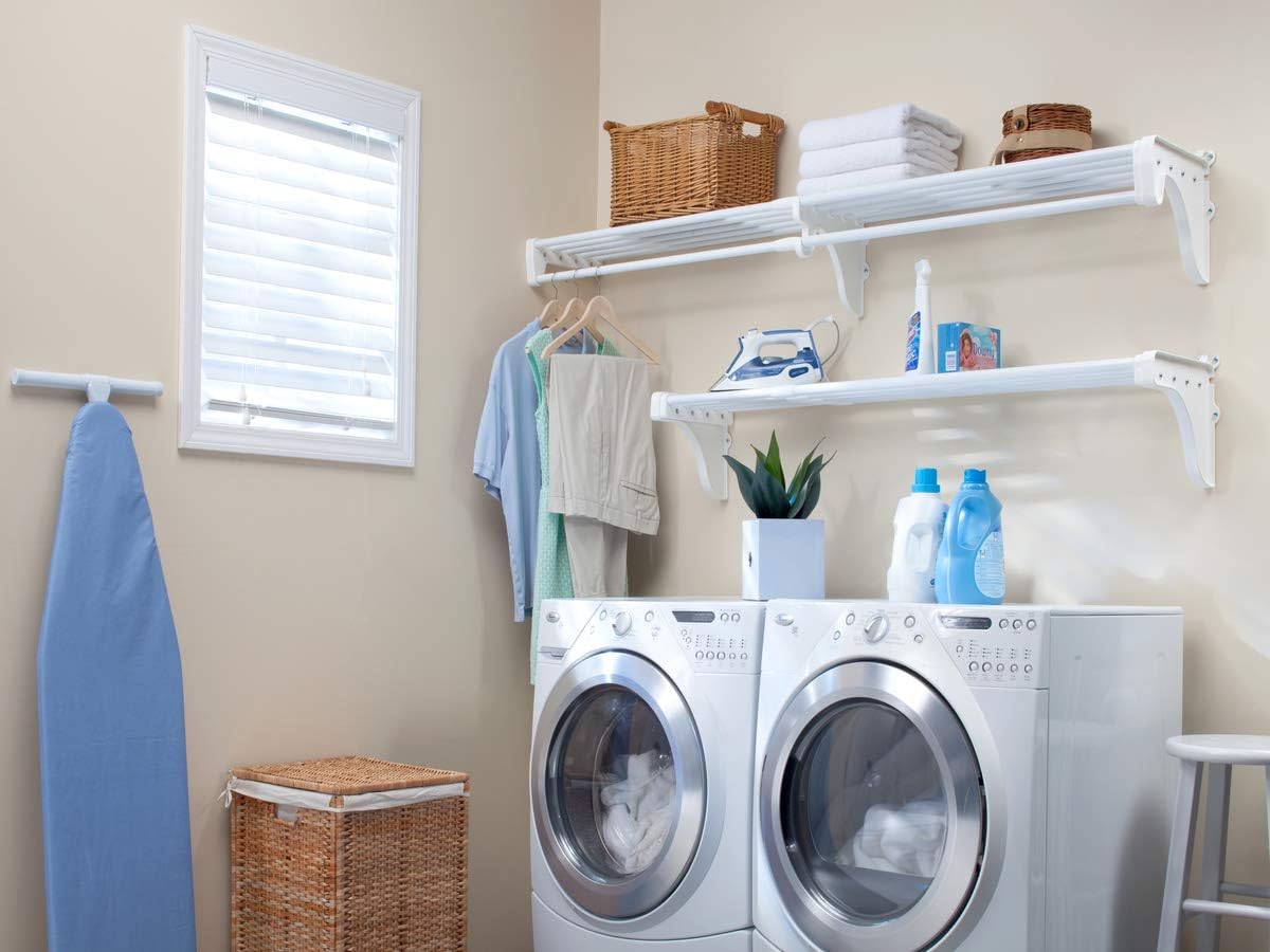 EZ Shelf Expandable Laundry Room Shelves Over Washer and Dryer - 2 Shelves (Expands 63.3 to 120') - 1 With Hanging Rod - White - Laundry Room Organization