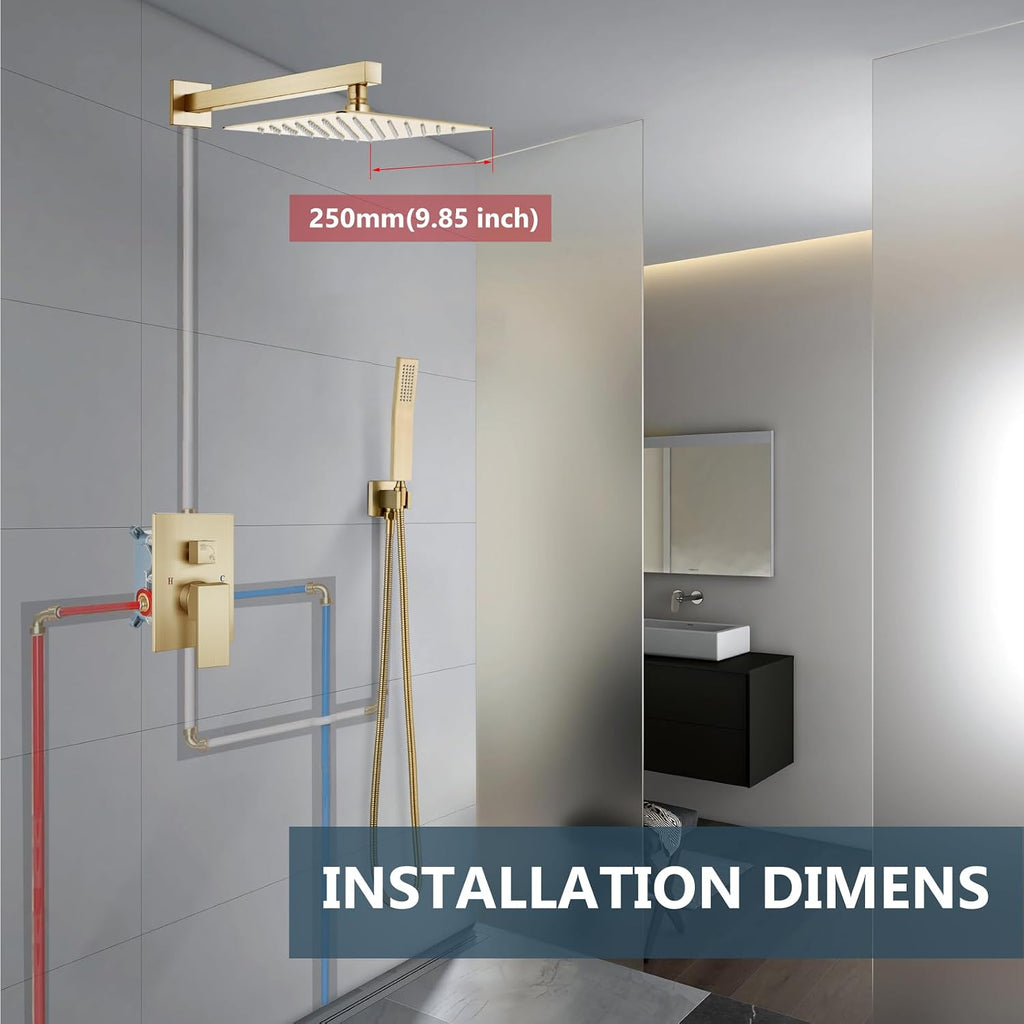 Aolemi Shower Faucet Set Rain Shower System with Handheld Spray Bathroom Shower Combo Rough-in Valve and Shower Trim Kit Included Brushed Gold 10 Inch Wall Mount Shower Head