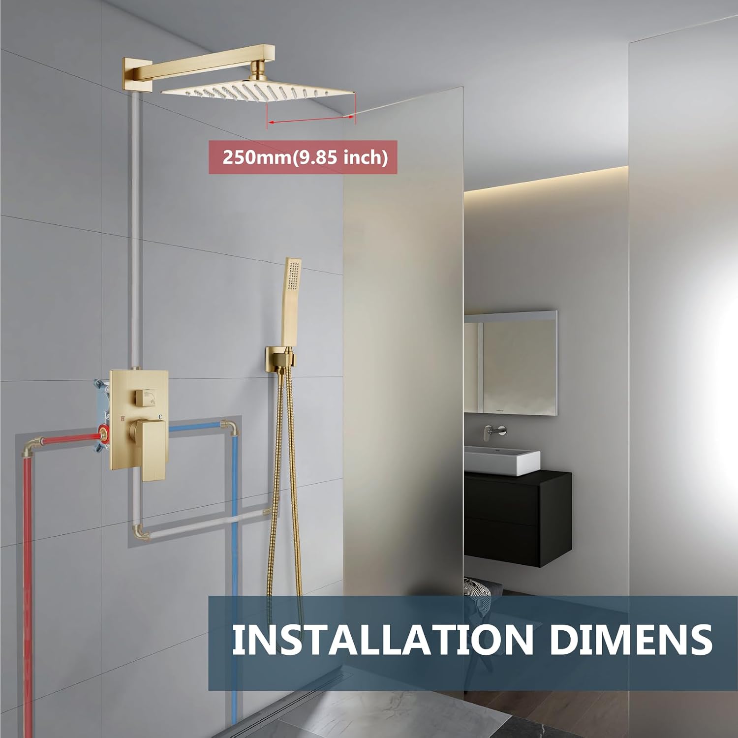 Aolemi Shower Faucet Set Rain Shower System with Handheld Spray Bathroom Shower Combo Rough-in Valve and Shower Trim Kit Included Brushed Gold 10 Inch Wall Mount Shower Head