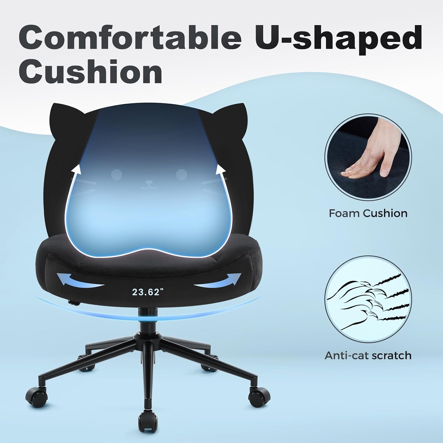 IWMH Armless Office Desk Chair with Wheels,Ergonomic Criss Cross Legged Computer Chair with Fabric Padded, Height Adjustable Wide Seat Vanity Chairs,Mid Back Task Chair for Home, Bedroom (Black Cat)