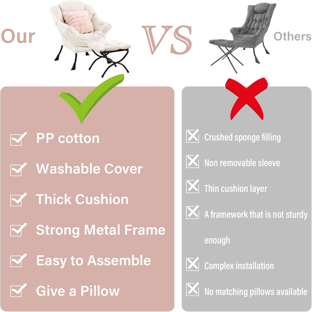 Lazy Chair with Ottoman, Large Accent Chair with Ottoman and a Throw Pillow, Beige Reading Chair for Living Room Bedroom Dorm Room Office Apartment Relaxing Use