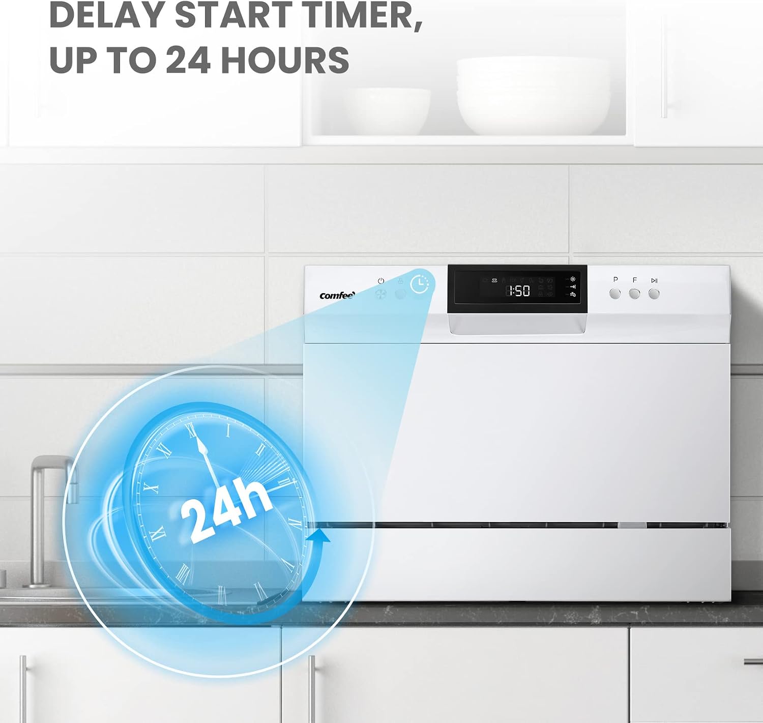 COMFEE' Portable Mini Dishwasher, Energy Star, Countertop, 6 Place Settings, with 8 Washing Programs, Speed, Baby-Care, ECO& Glass, Dish Washer for Dorm, RV& Apartment, White