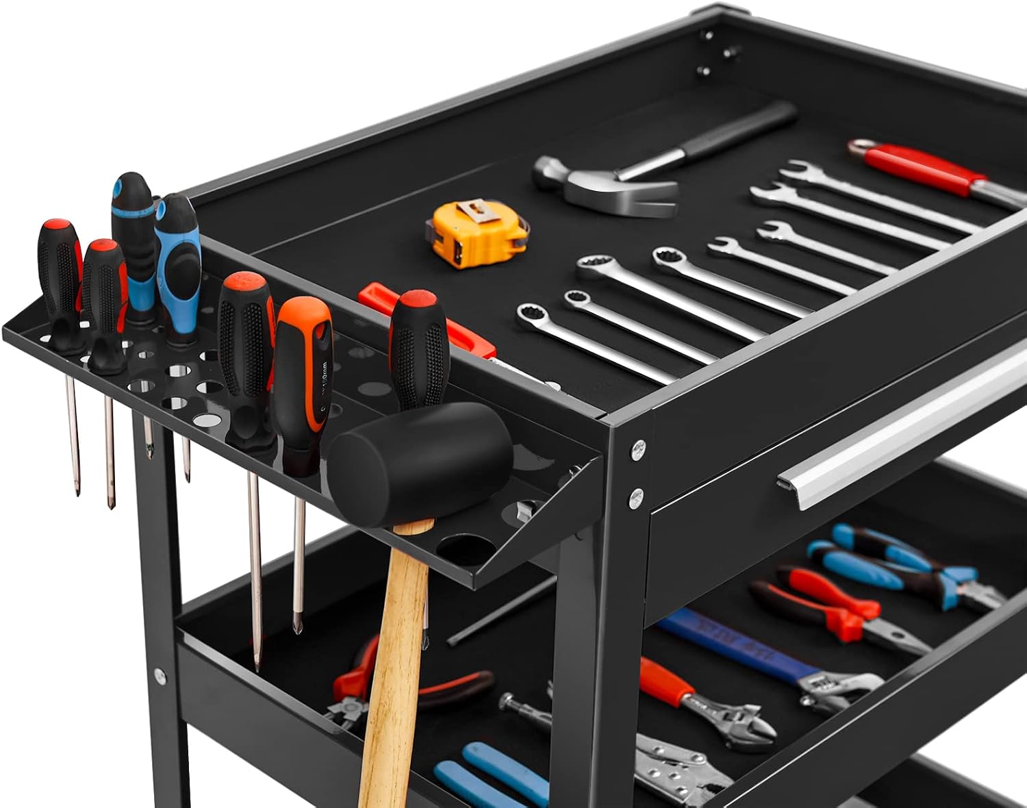 3 Tier Tool Cart on Wheels, Heavy Duty Industrial Utility Service Cart with Drawer, Rolling Mechanic Tool Box Organizer for Garage Warehouse Workshop Repair Shop, 330 LBS Capacity (Black)