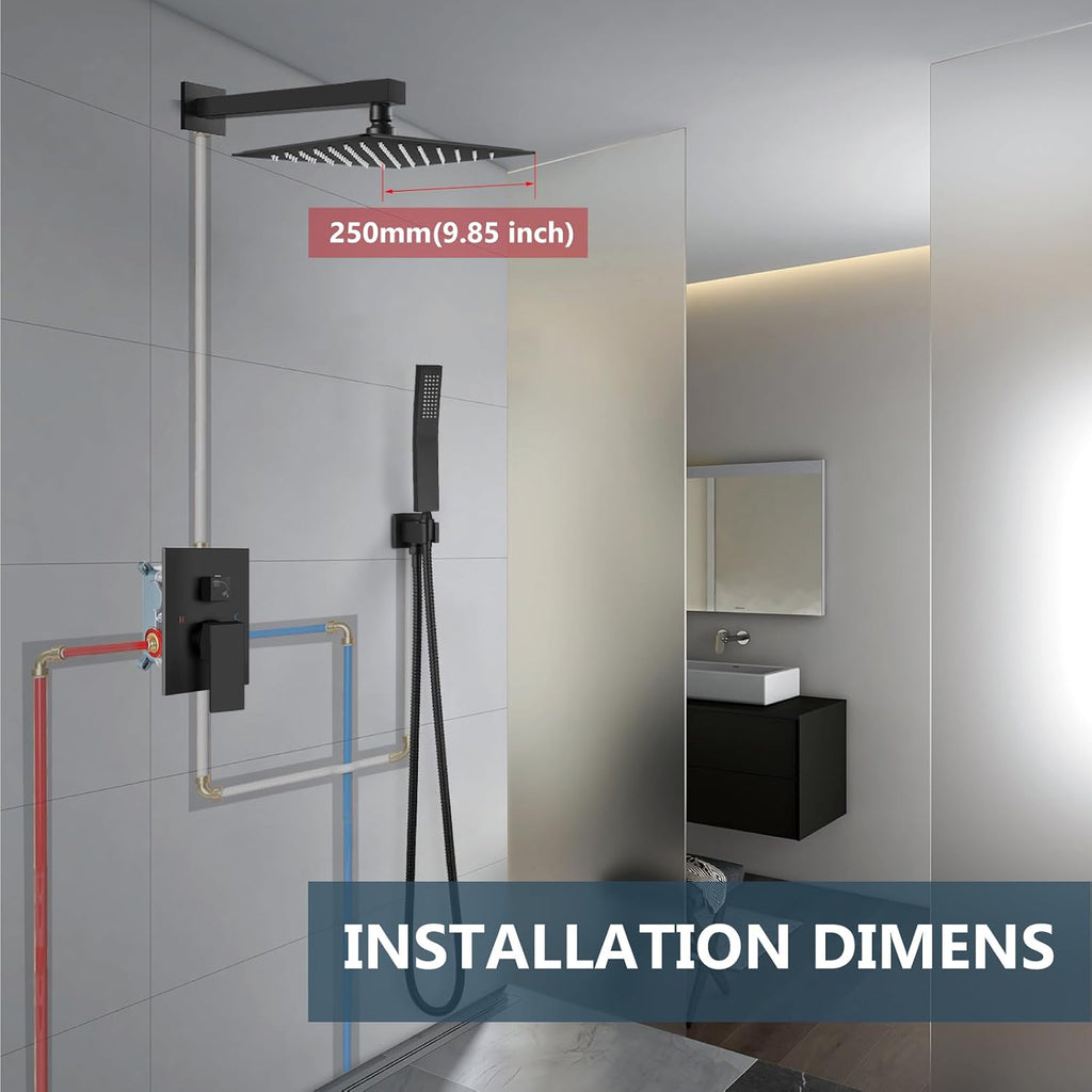 Aolemi Shower Faucet Set Rain Shower System with Handheld Spray Bathroom Shower Combo Rough-in Valve and Shower Trim Kit Included Matte Black 10 Inch Wall Mount Shower Head