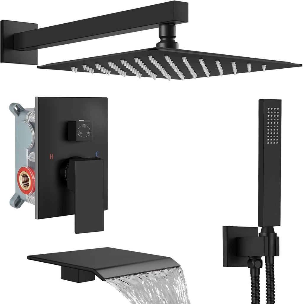 Midanya Shower System with Tub Spout,Bathtub Shower Faucet Set with Square Rainfall Head and Handheld Sprayer Wall Mount Tub Faucet Set with Valve and Trim Kit,12 Inch Matte Black