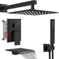 Midanya Shower System with Tub Spout,Bathtub Shower Faucet Set with Square Rainfall Head and Handheld Sprayer Wall Mount Tub Faucet Set with Valve and Trim Kit,12 Inch Matte Black