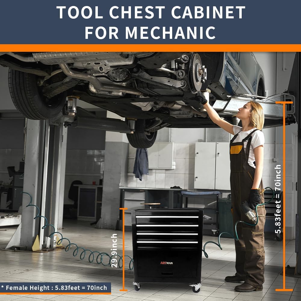 4-Drawer Black Tool Box on Wheels, Rolling Tool Cart, Lockable Home Repair Tool Storage Organizer for Mechanic, Garage
