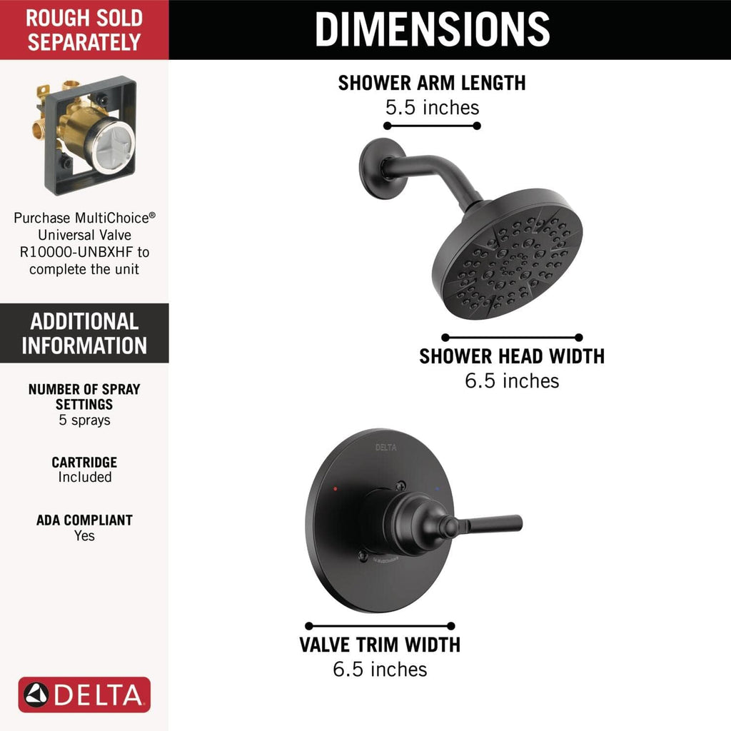 Delta Saylor 14 Series 5-Setting Shower Faucet Set, Matte Black Shower Head and Handle Set, Valve Trim Kit, Matte Black T14235-BL (Valve Not Included)