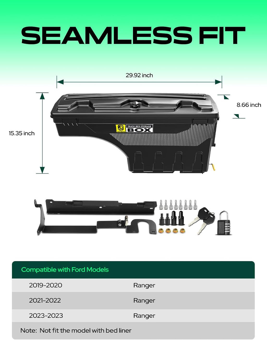 YHTAUTO Truck Bed Storage Tool Box Lockable Compatible with 2019 2020 2021 2022 2023 Ford Ranger, Driver Side, Not Fit the Model with Bed Liner, Swing Waterproof Wheel Well Toolbox