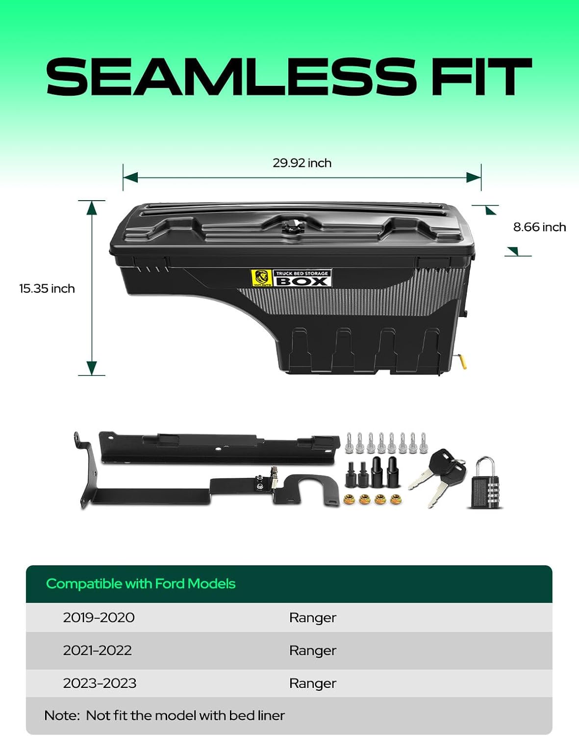 YHTAUTO Truck Bed Storage Tool Box Lockable Compatible with 2019 2020 2021 2022 2023 Ford Ranger, Driver Side, Not Fit the Model with Bed Liner, Swing Waterproof Wheel Well Toolbox