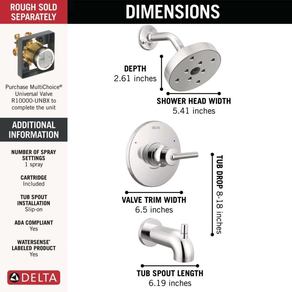 Delta Faucet Trinsic 14 Series Single-Function Tub and Shower Trim Kit with Single-Spray H2Okinetic Shower Head, Chrome T14459 (Valve Not Included)