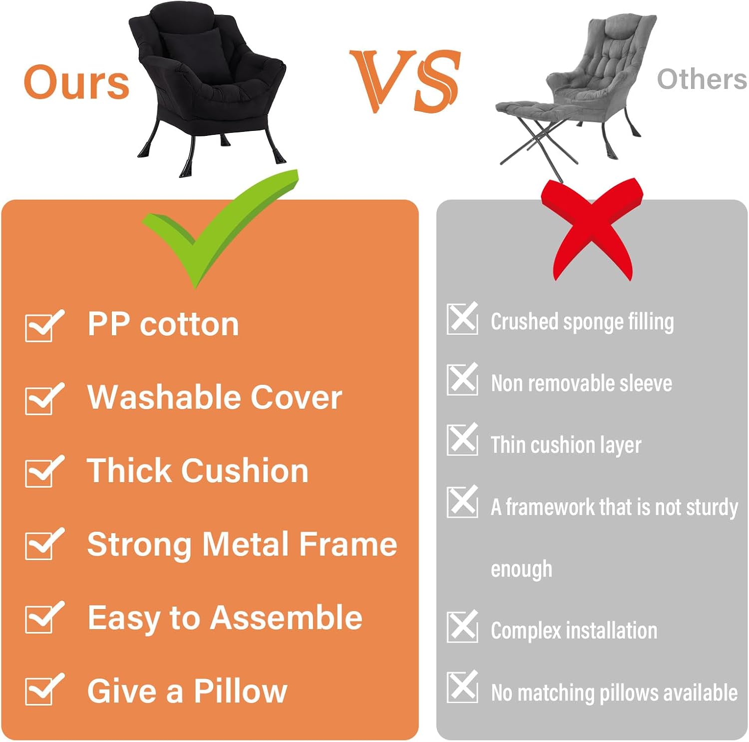 Lazy Chair for Living Room, Large Black Accent Chair with a Throw Pillow, Leisure Sofa Chair Set, Comfy Reading Chair for Bedroom, Dorm Room, Office