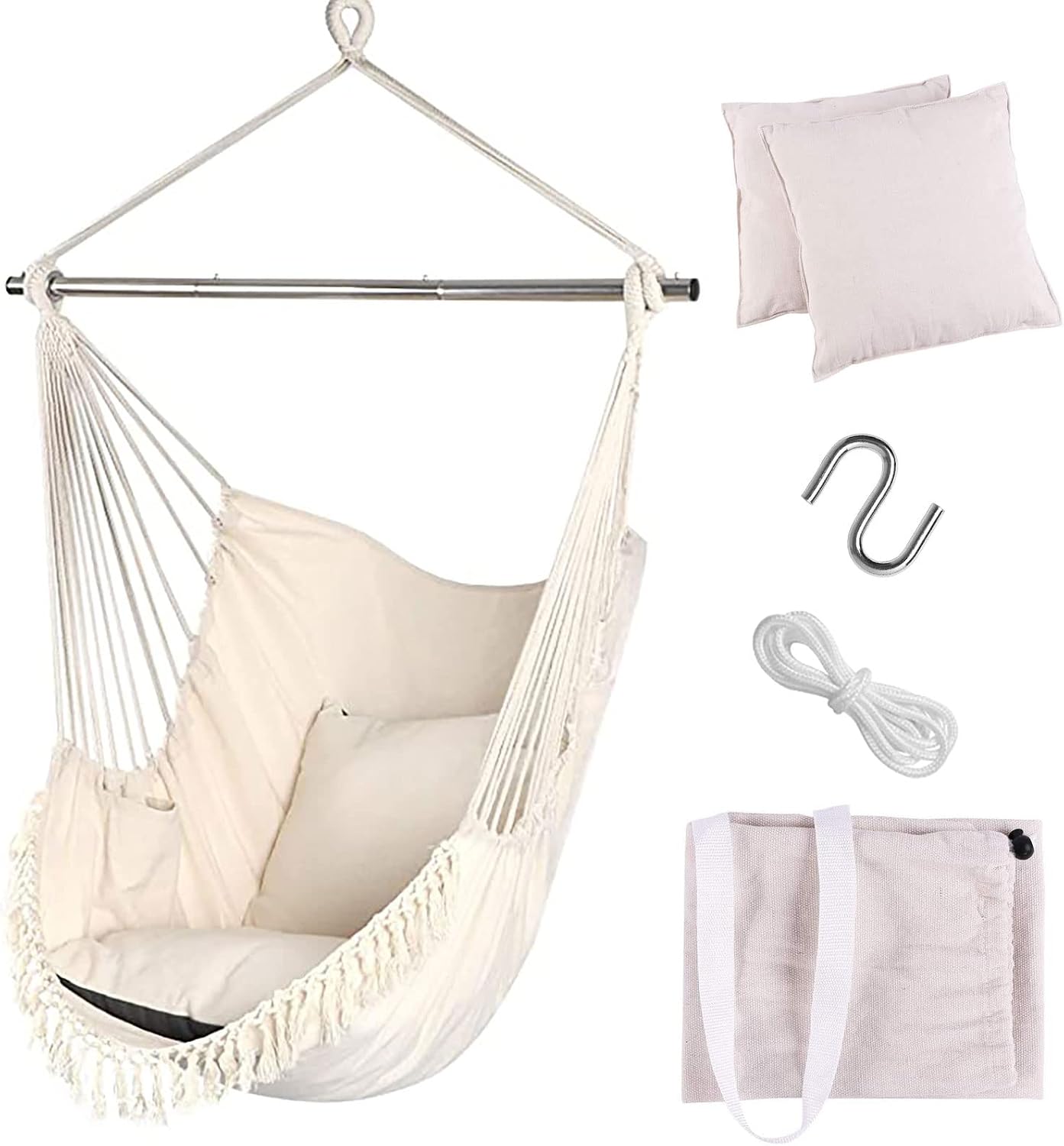 SRHWBF White Hanging Rope Hammock Chair Swing Seat Large Macrame Hanging Chair for Bedroom Patio Porch Yard with 2 Cushions and Storage Bag