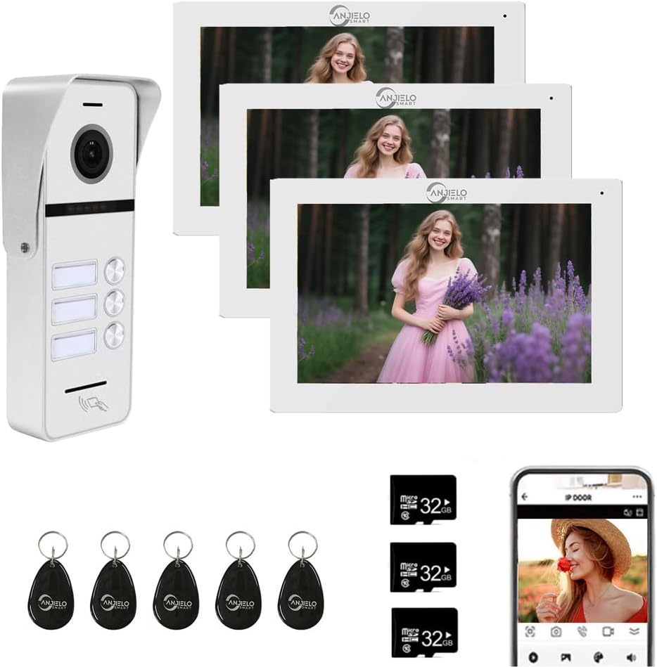 Wired Video Doorbell Intercom System 3 Unit 7 Inch Monitor Door Phone Kit 1080P Camera Night Vision,Support Remote Unlock Door Release,Snapshot for Home Vally Apartment (1 doorbell(w)+3 minitor(w))
