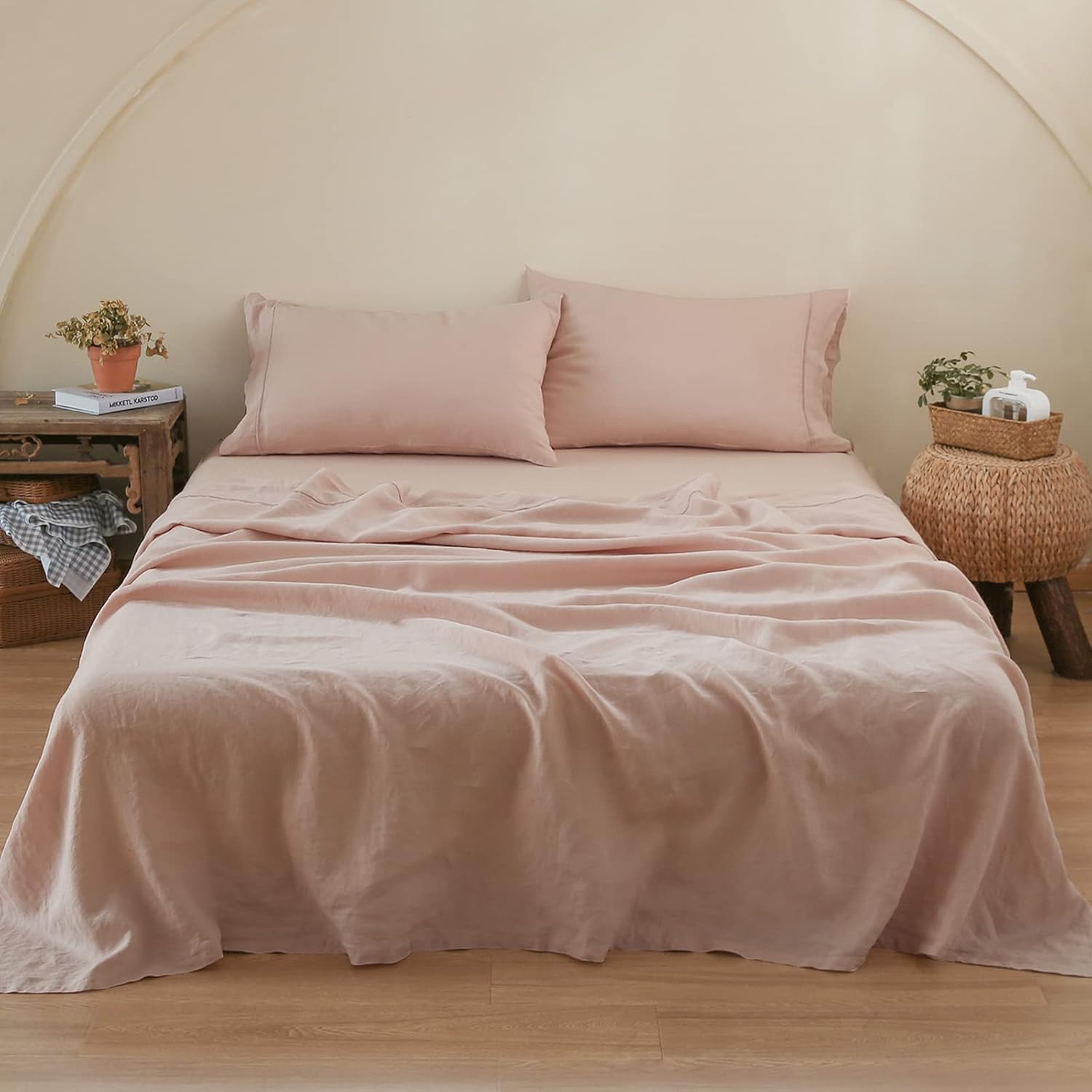 Simple&Opulence 100% Linen Sheet Set with Embroidery Washed - 4 Pieces (1 Flat Sheet & 1 Fitted Sheet & 2 Pillowcases) Natural Flax Soft Bedding Breathable Farmhouse - Pink, Full Size