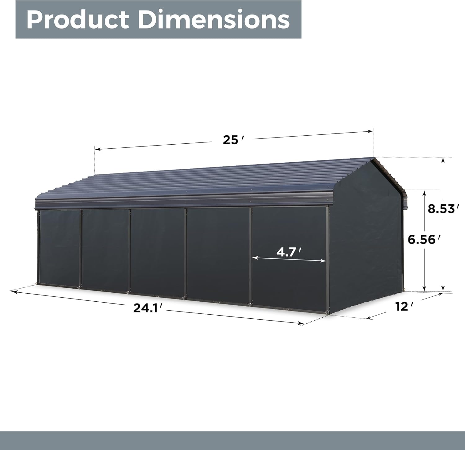 GREEN PARTY 12 x 25 ft Metal Carport Kits with Galvanized Steel Roof & Removable Sidewalls, Heavy Duty Metal Carport Canopy, Outdoor Car Tent Metal Garage Shelter for Car, SUV, Truck and Boats, Gray
