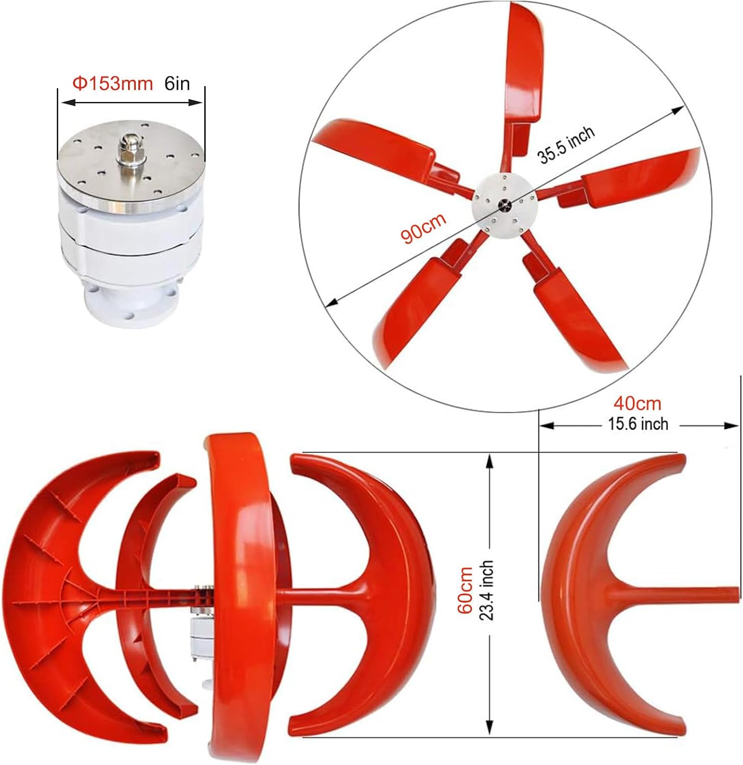 Wind Turbines Generator 3000W with Controller, Red Lantern 5 Blade Three Phase AC Permanent Magnet Generator for Home Street Lighting,24V