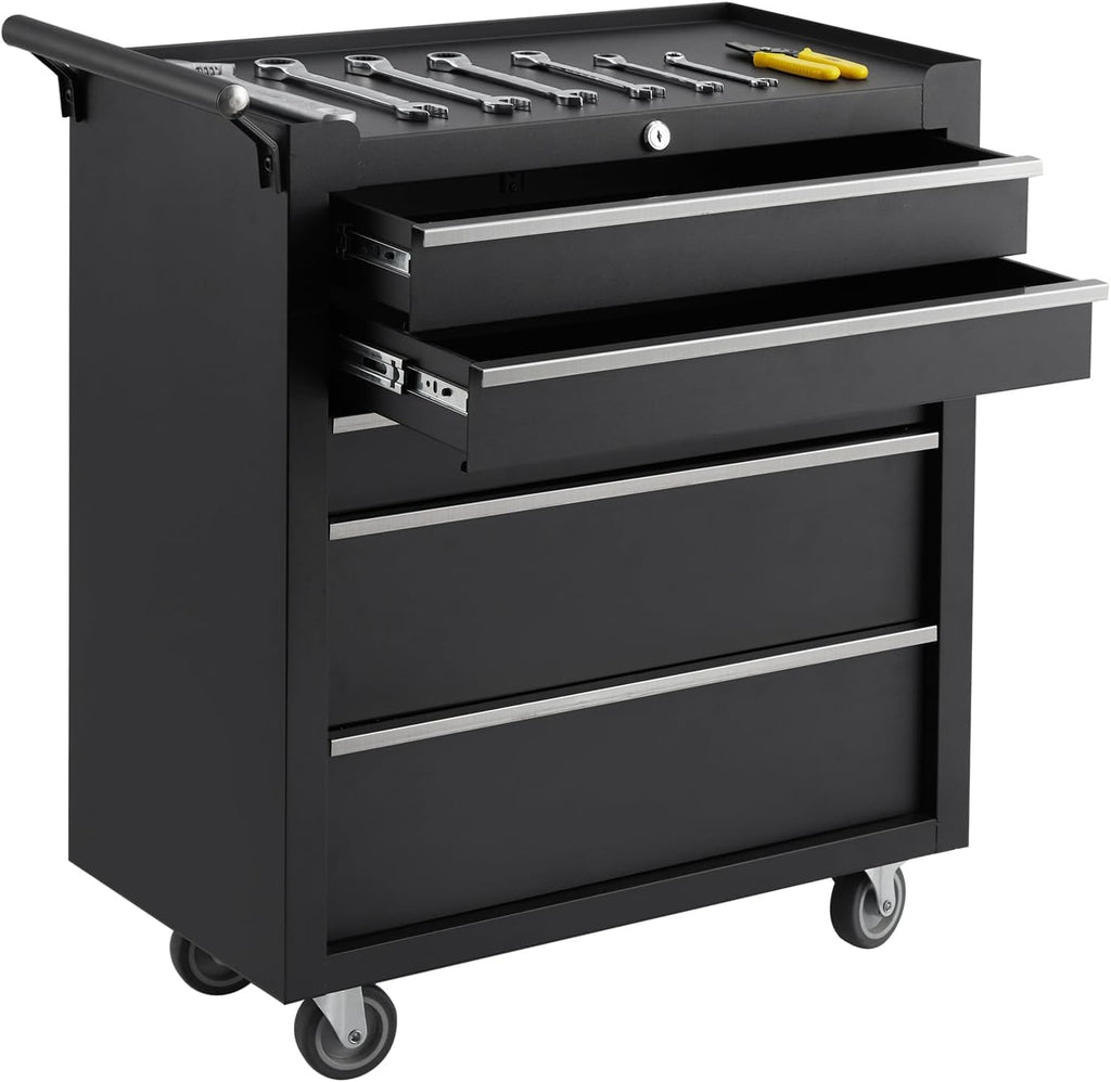 Toolbox with Five Drawers with Key Lock and Drawer Liner Removable on Wheels for garages, Warehouses, workshops and Repair Stores - Black