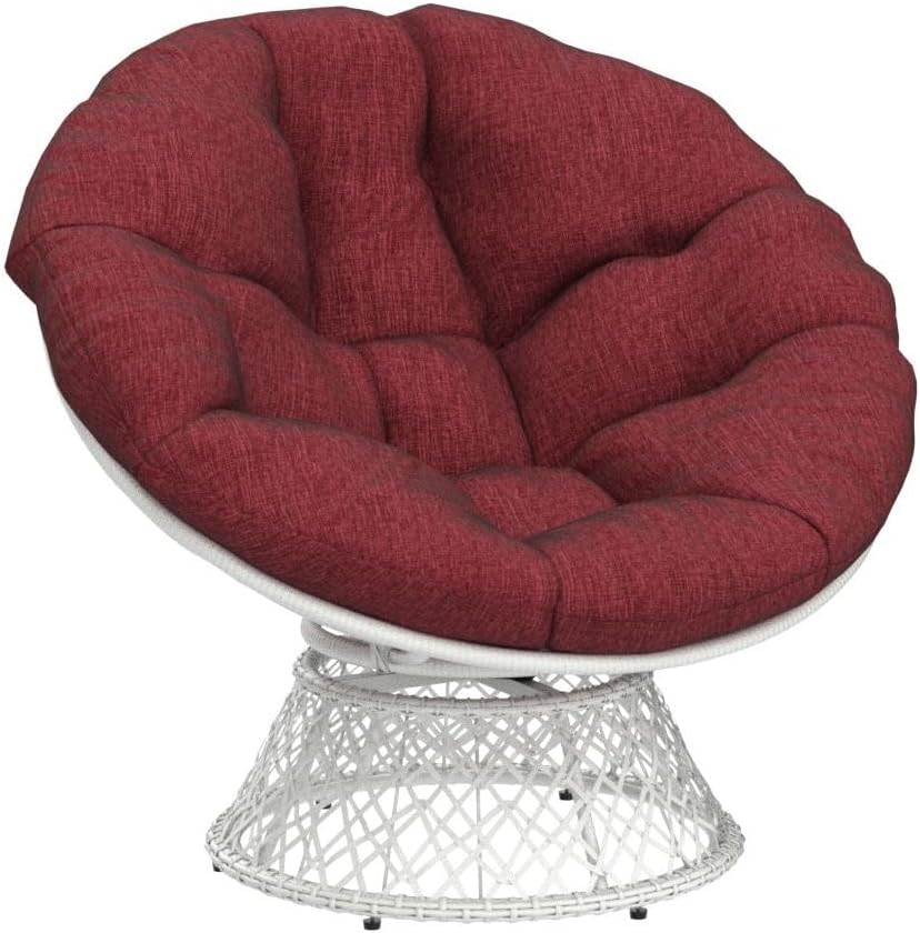 Bme 40' Ergonomic Wicker Papasan Chair with Soft Thick Density Fabric Cushion, High Capacity Steel Frame, 360 Degree Swivel for Living, Bedroom, Reading Room, Lounge, Cherry Sangria - White Base
